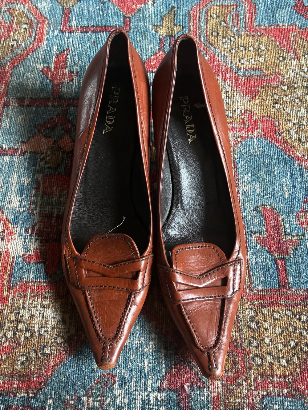 Prada Cognac Leather Pointed-Toe Loafers